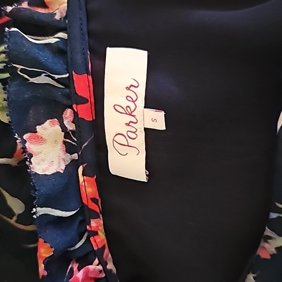 Parker Floral 100% Silk Cold Shoulder Ruffle Midi Navy Small Dress Preowned - Picture 9 of 9